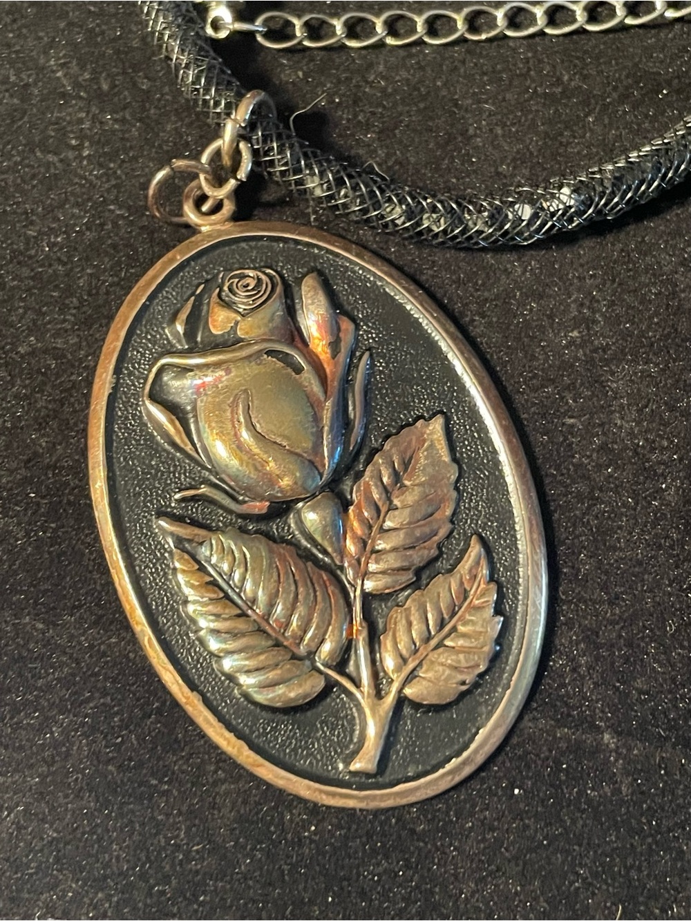 Vintage International Silver Large Rose Oval Pendant Cord Necklace Floral Signed